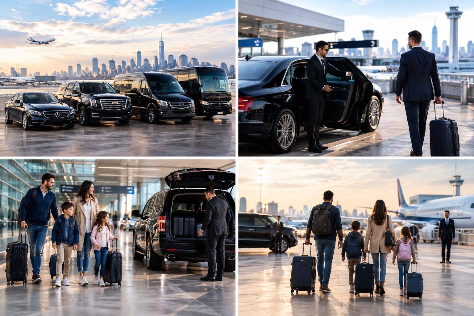 Executive sedan, luxury SUV, Sprinter, and coach lined up at an NYC airport