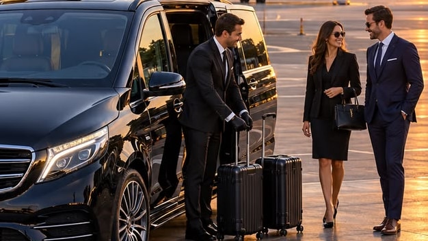 Chauffeur loading luggage into a black executive van while business travelers arrive at the airport